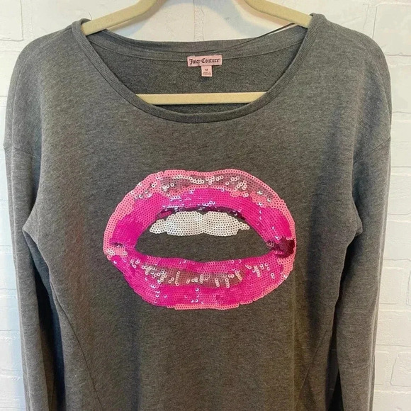 Juicy Couture Sequin Lips Sweater Pink Red Gray Size Medium - Picture 10 of 13